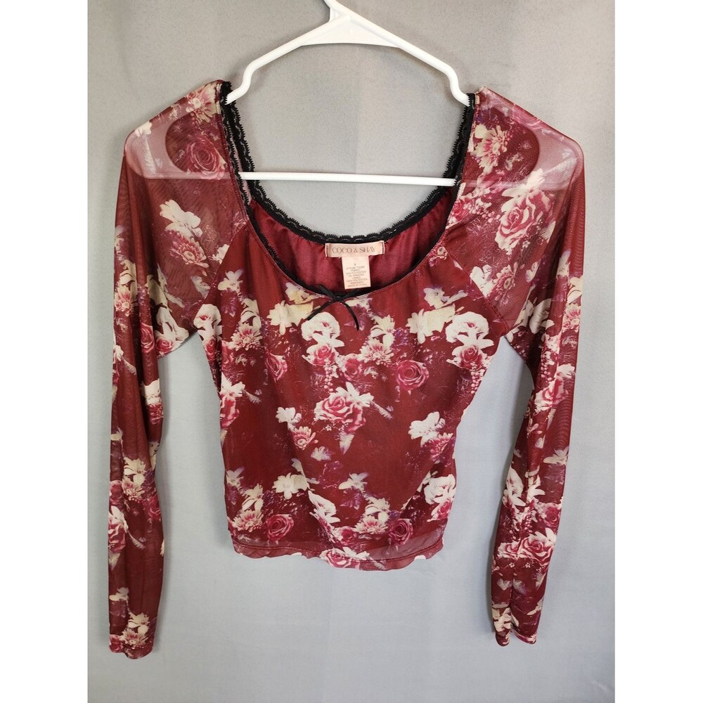 Coco & Shay Burgundy Floral Long-Sleeve Mesh Tee